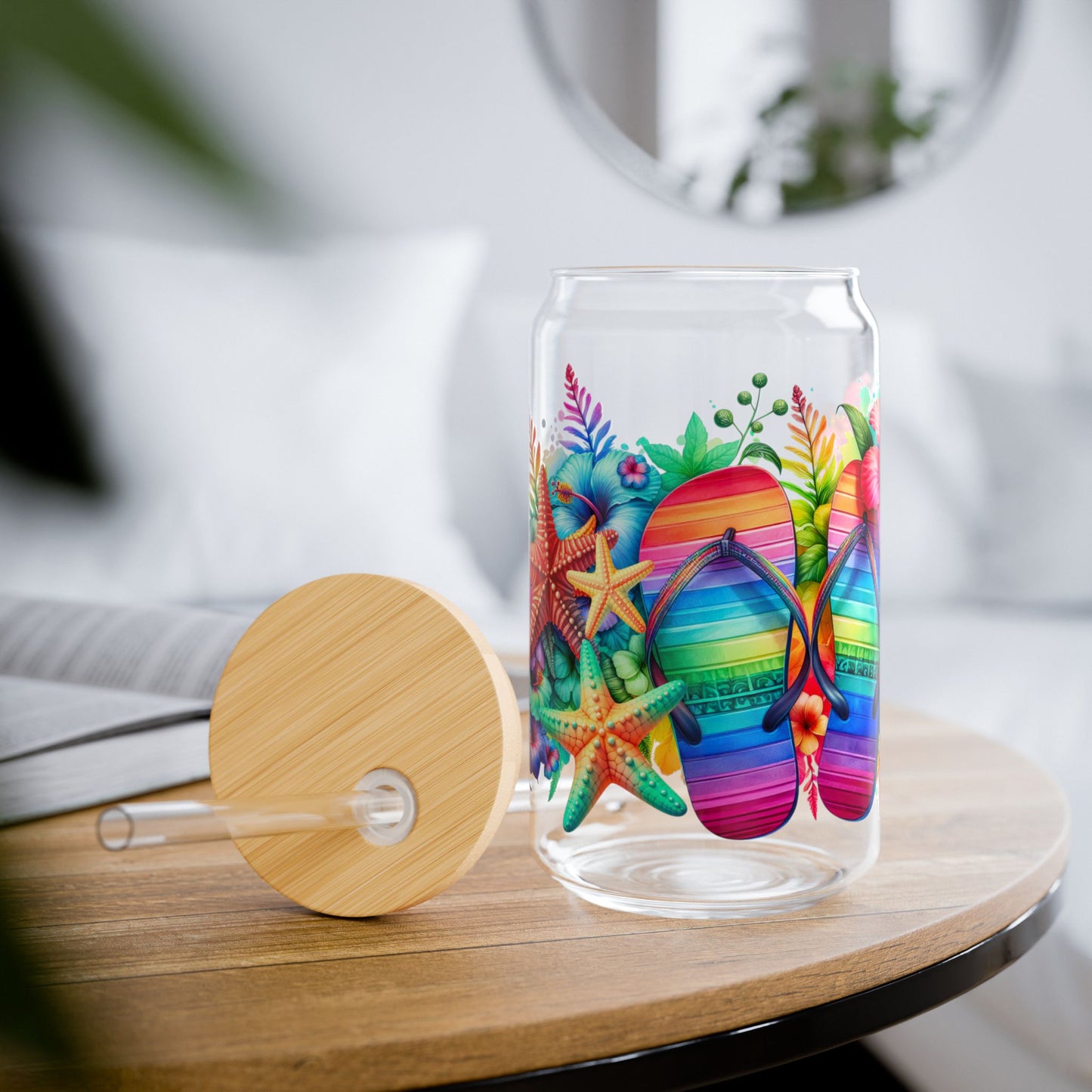Color full Summer Beach Sipper Glass, 16oz