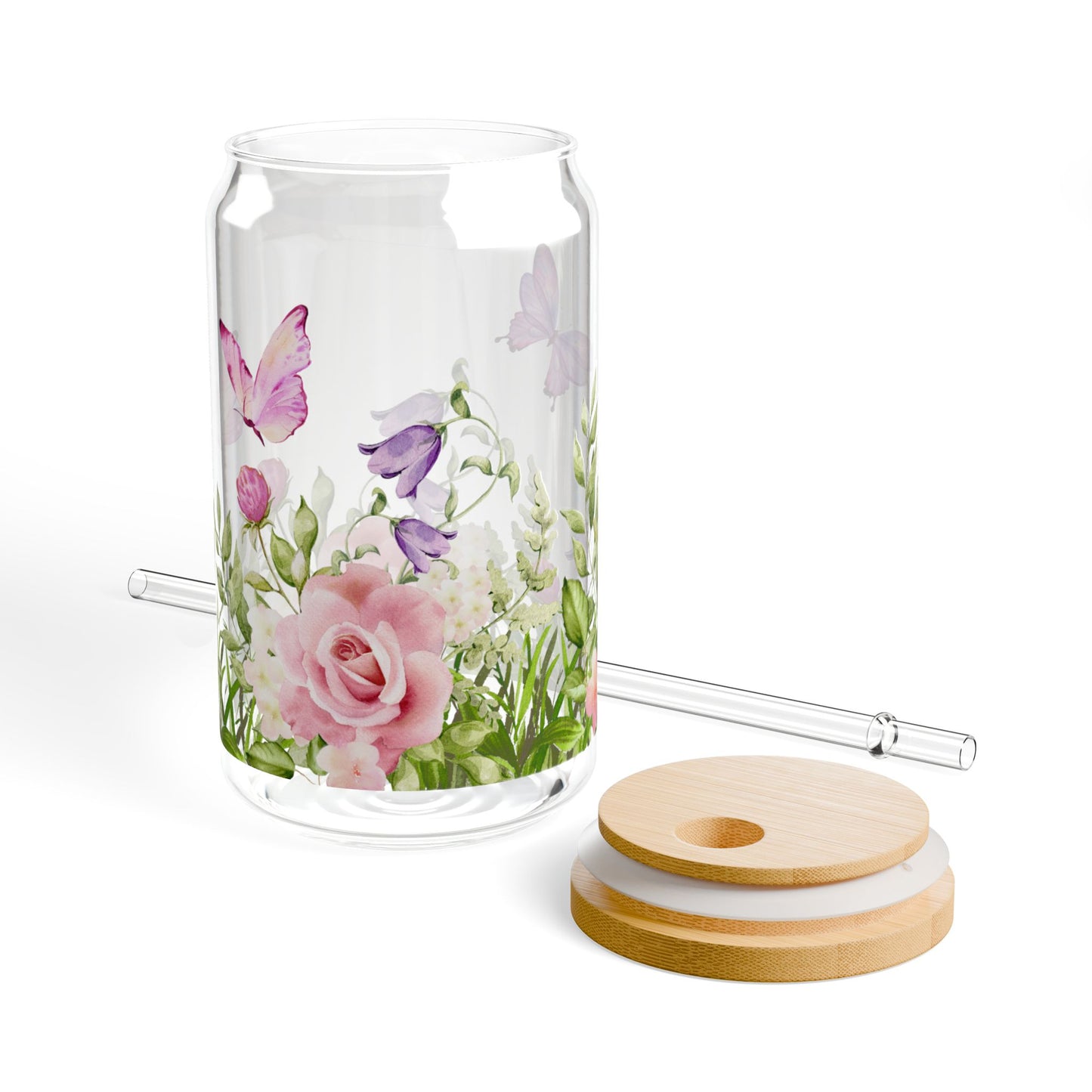 Glass Tumbler Flowers and Butterflies Design, 16oz