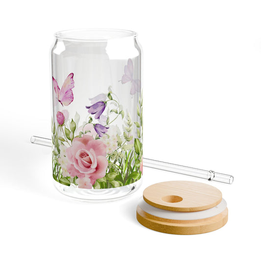 Glass Tumbler Flowers and Butterflies Design, 16oz