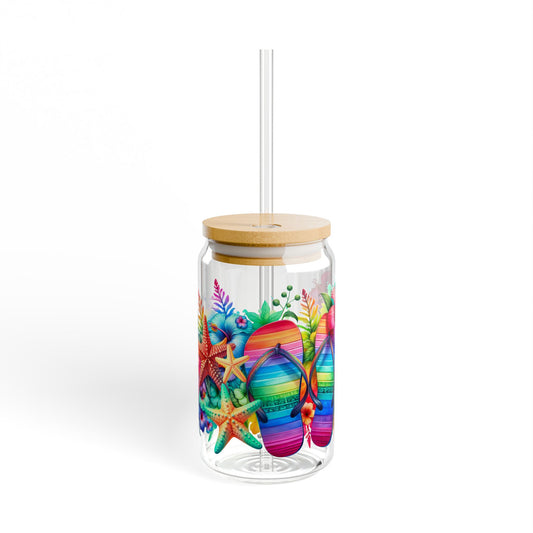 Color full Summer Beach Sipper Glass, 16oz
