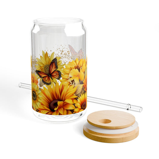 Sipper Glass - Sunflowers and Butterflies Design
