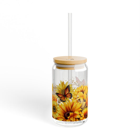 Sipper Glass - Sunflowers and Butterflies Design