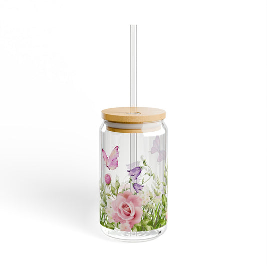 Glass Tumbler Flowers and Butterflies Design, 16oz