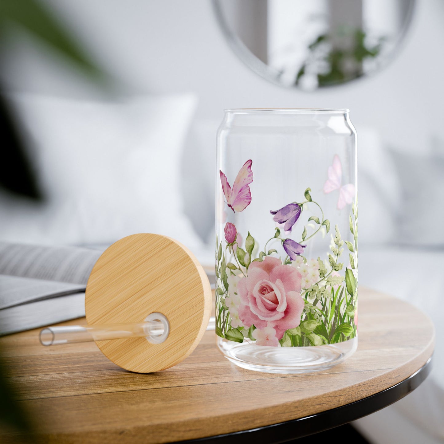 Glass Tumbler Flowers and Butterflies Design, 16oz