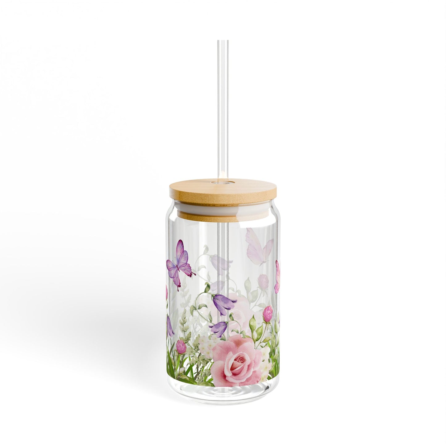 Glass Tumbler Flowers and Butterflies Design, 16oz