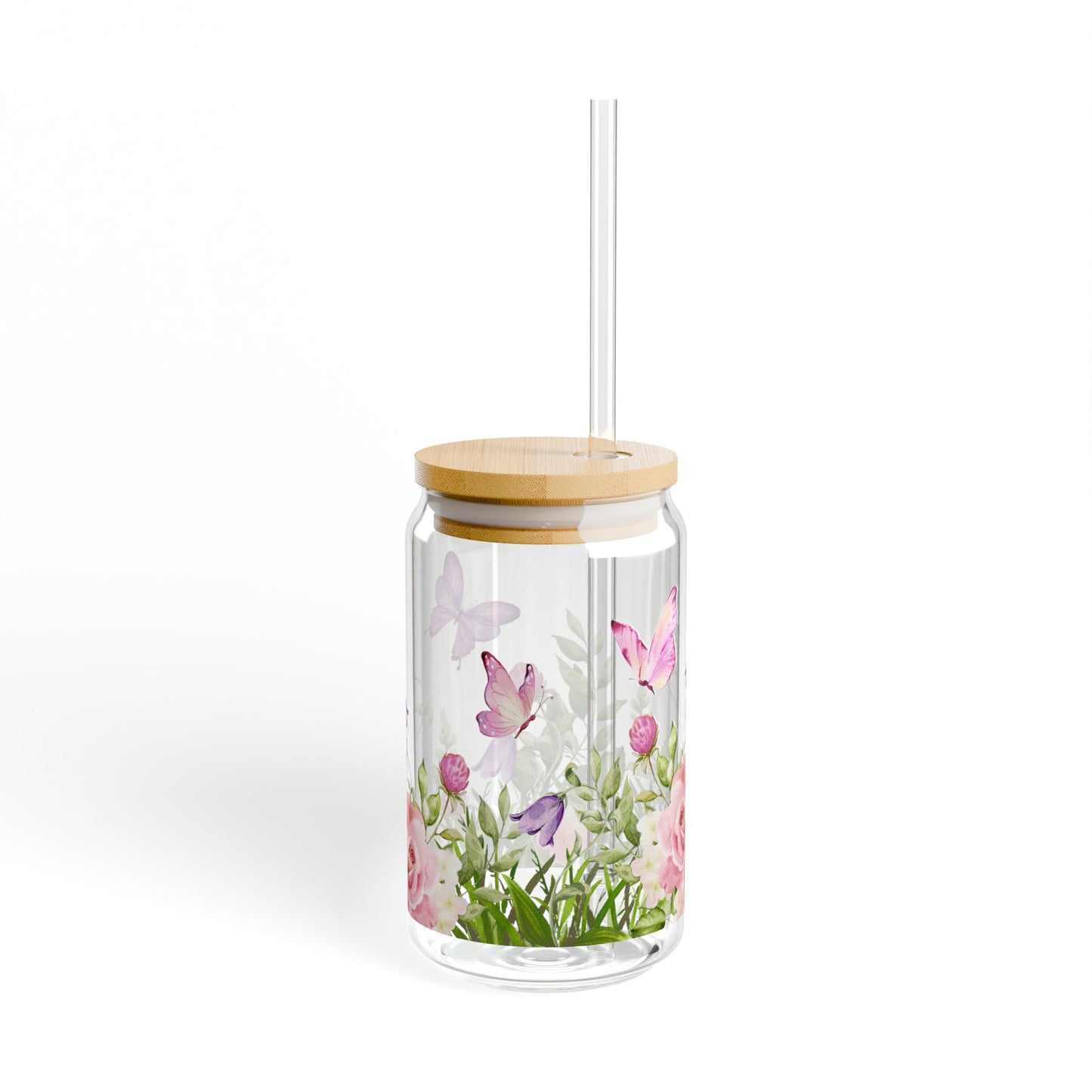 Glass Tumbler Flowers and Butterflies Design, 16oz